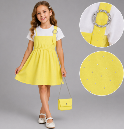 Girls Diamante Broach Dress with Purse (4-14Y)