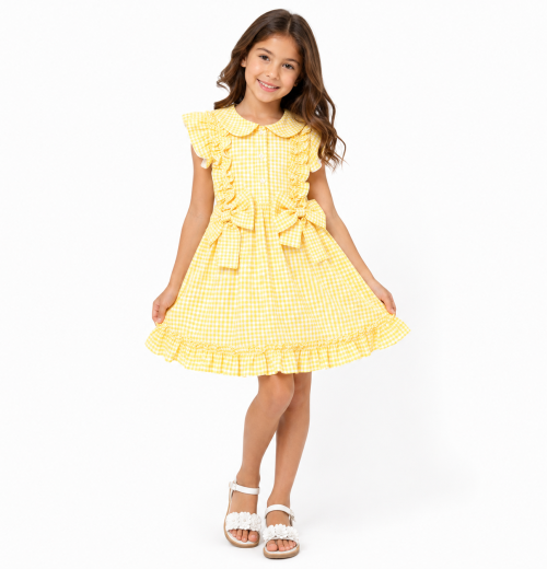 Girls Yellow Ruffle Check School Dress (4-12y)