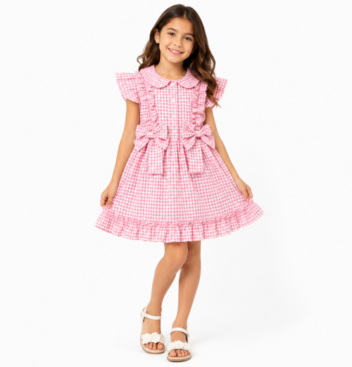 Girls Pink Ruffle Check School Dress (4-12y)