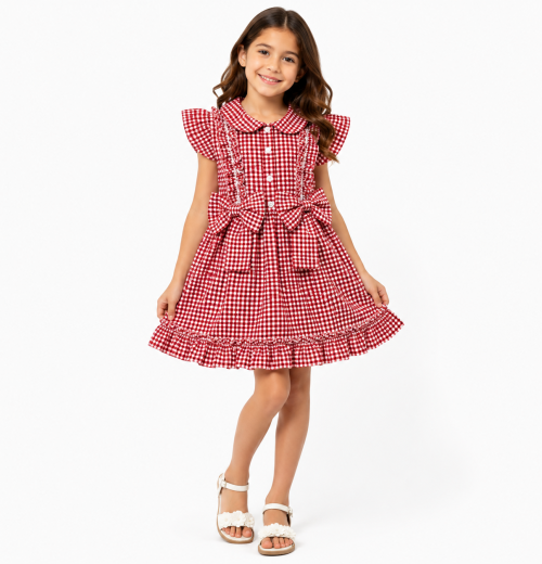 Girls Red Ruffle Check School Dress (4-12y)