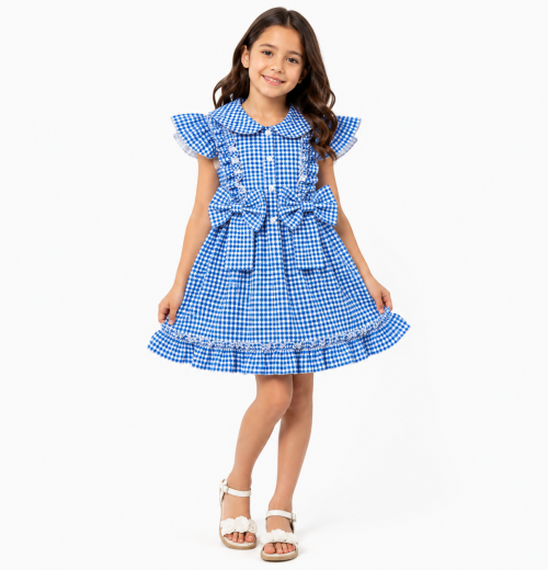 Girls Royal Blue Ruffle Check School Dress (4-12y)