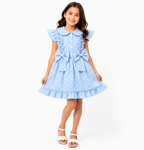 Girls Sky Blue Ruffle Check School Dress (4-12y)