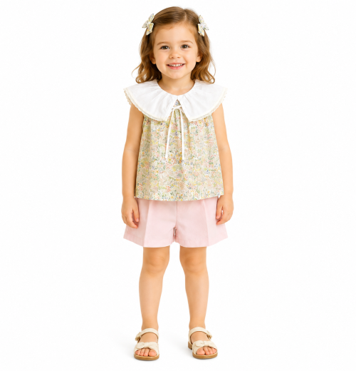 Girls 2pc Pastel Floral Top & Shorts Set with Hairclips (2-5Y)