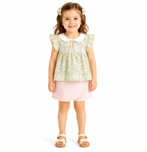 Girls 2pc Pastel Floral Top & Skirt Set with Hairclips (2-5Y)