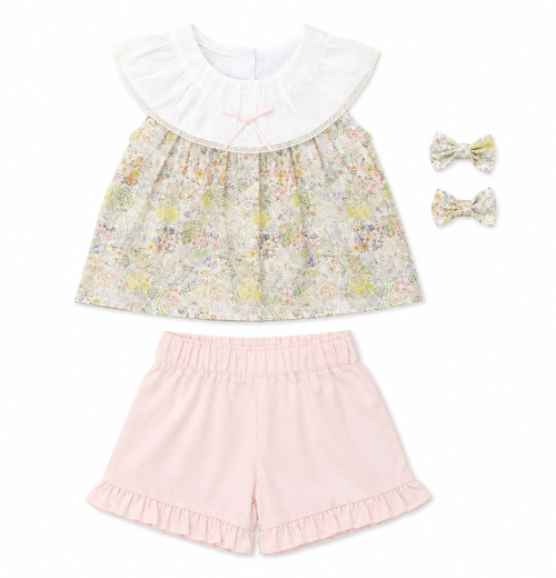 IMG 4320 Baby Girls 2pc Pastel Floral Top & Bloomers Set with Hairclips (6-24M)