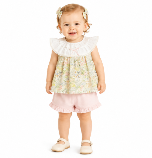 Baby Girls 2pc Pastel Floral Top & Bloomers Set with Hairclips (6-24M)