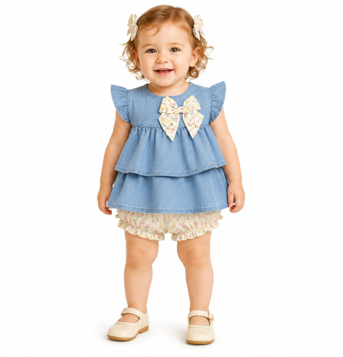 Baby Girls 2pc Layered Bow Dress & Bloomers Set with Hairclips (3-18M)