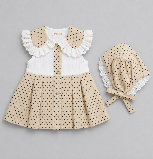 IMG 4347 Baby Girls 2pc Spanish Polka Dot Pleated Dress & Bonnet Set (6-18M)