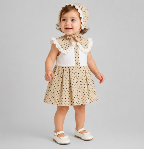 Baby Girls 2pc Spanish Polka Dot Pleated Dress & Bonnet Set (6-18M)
