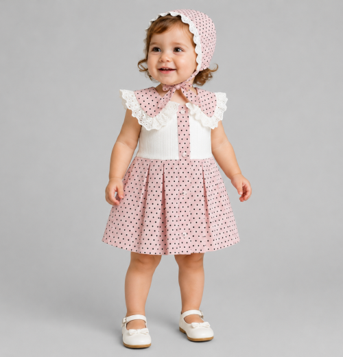 Baby Girls 2pc Spanish Polka Dot Pleated Dress & Bonnet Set (6-18M)
