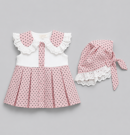 IMG 4354 Baby Girls 2pc Spanish Polka Dot Pleated Dress & Bonnet Set (6-18M)