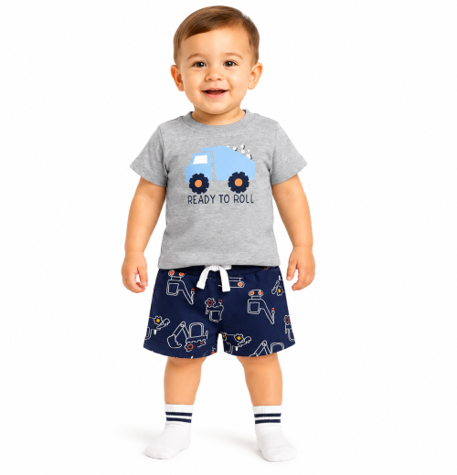Baby Boys 3pc Tractor T Shirt & Shorts Set with Socks (3-18m)