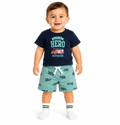 Baby Boys 3pc Little Hero T Shirt & Shorts Set with Socks (3-18m)