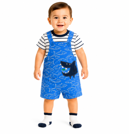 Baby Boys 3pc Shark T Shirt & Dungarees Set with Socks (6-24m)