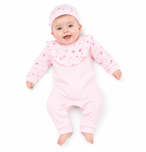 IMG 4445 Baby Girls 2pc Floral Ruffle Romper & Hat Set (0-9m)