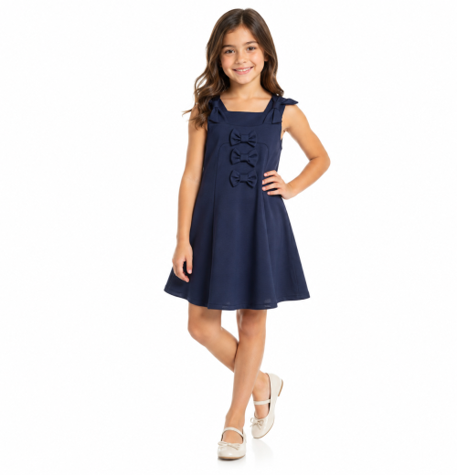 Girls Navy Triple Bow School Pinafore Dress (4-12y)