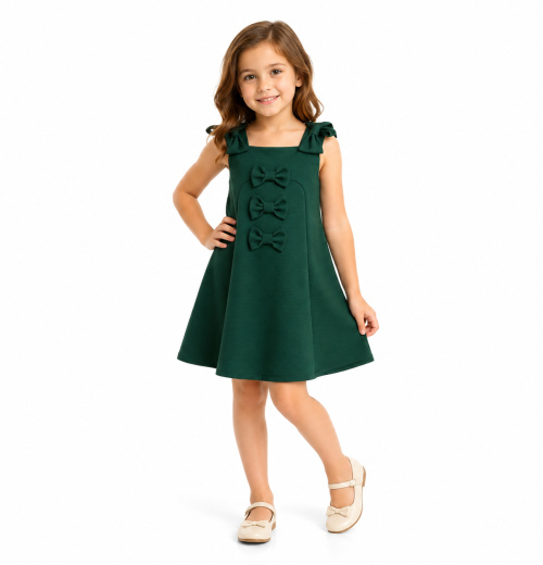 Girls Green Triple Bow School Pinafore Dress (4-12y)