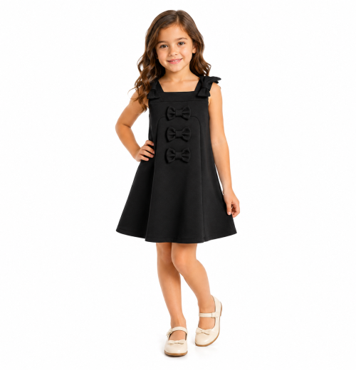 Girls Black Triple Bow School Pinafore Dress (4-12y)