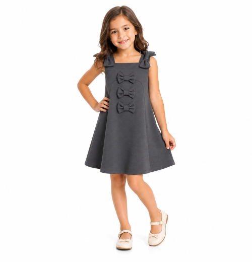 Girls Grey Triple Bow School Pinafore Dress (4-12y)