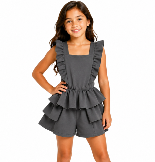 Girls Grey Layered Ruffle School Playsuit (4-12y)