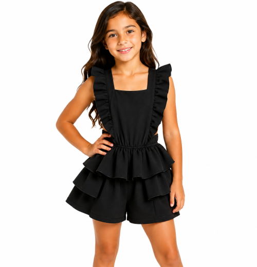Girls Black Layered Ruffle School Playsuit (4-12y)