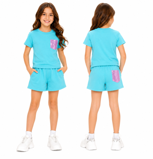 Girls 2pc Sequins Pocket T Shirt & Short Set (4-14Y)