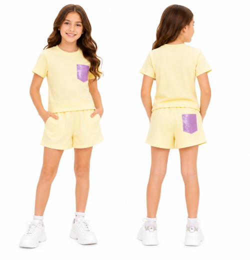 Girls 2pc Sequins Pocket T Shirt & Short Set (4-14Y)