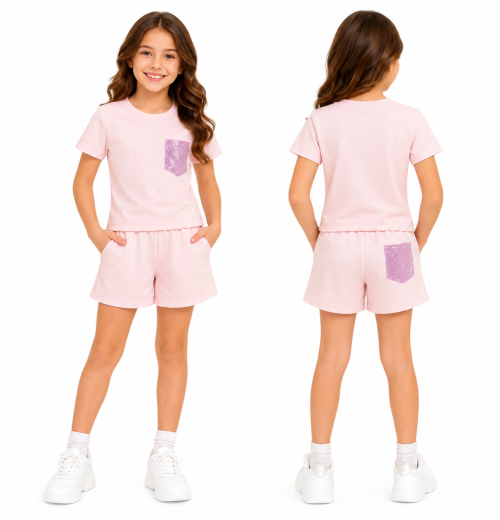 Girls 2pc Sequins Pocket T Shirt & Short Set (4-14Y)
