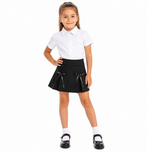 Girls Black School Pleated Bow Skirt (4-12y)