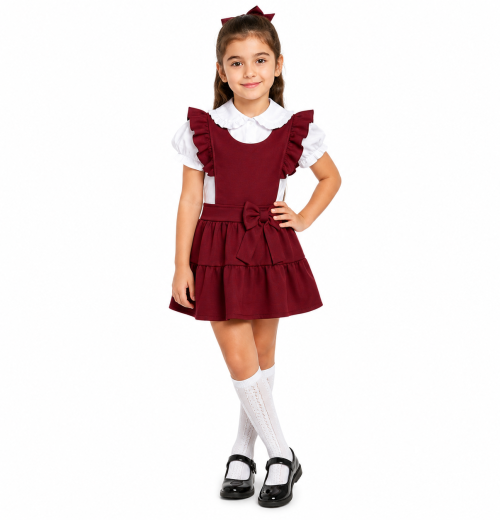 Girls 2pc Maroon School Bow Pinafore & Shirt Set (4-12y)