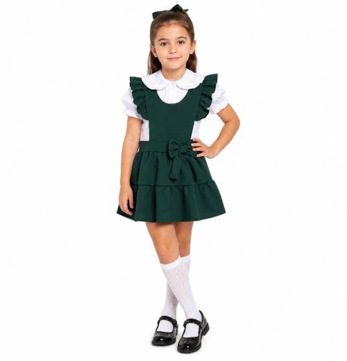 Girls 2pc Green School Bow Pinafore & Shirt Set (4-12y)