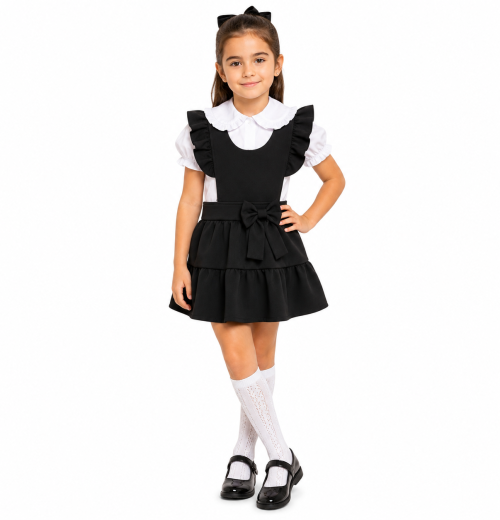 Girls 2pc Black School Bow Pinafore & Shirt Set (4-12y)