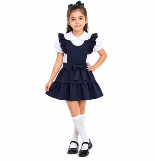 Girls 2pc Navy School Bow Pinafore & Shirt Set (4-12y)