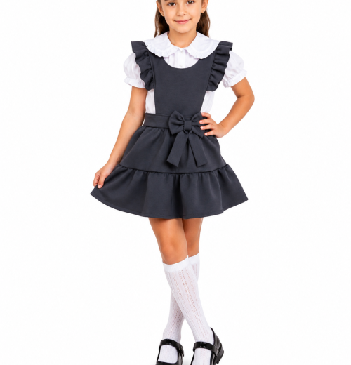 Girls 2pc Grey School Bow Pinafore & Shirt Set (4-12y)
