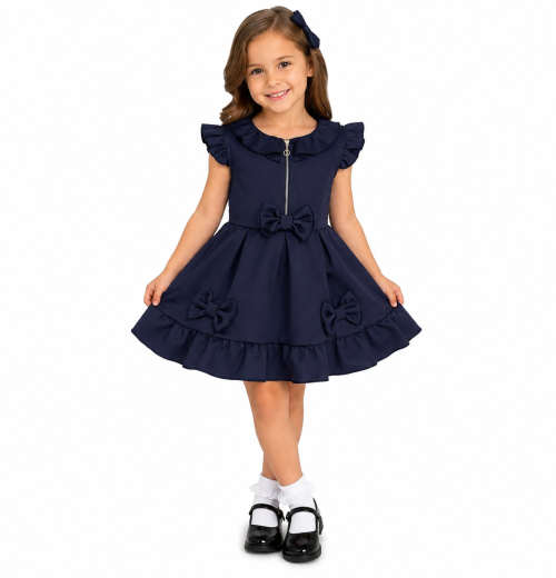 Girls Navy Pleated Bow Zip Pinafore Dress (4-12y)