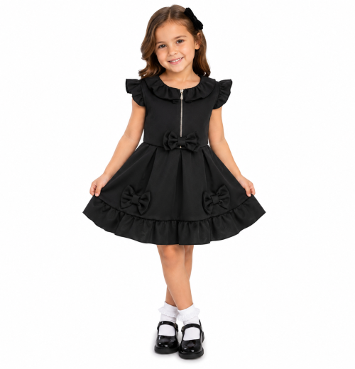 Girls Black Pleated Bow Zip Pinafore Dress (4-12y)