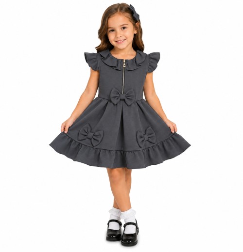 Girls Grey Pleated Bow Zip Pinafore Dress (4-12y)