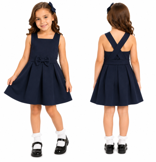Girls Navy Pleated Bow Pinafore Dress (4-12y)