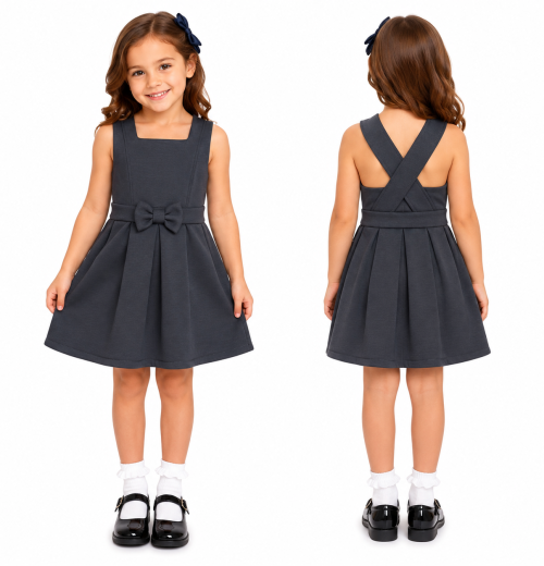 Girls Grey Pleated Bow Pinafore Dress (4-12y)