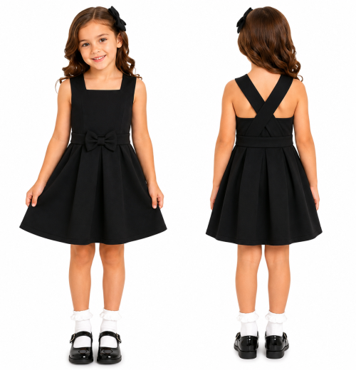 Girls Black Pleated Bow Pinafore Dress (4-12y)