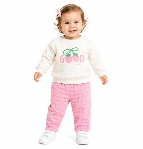 Baby Girls 2pc ‘GOOD’ Strawberry Top & Check Bottoms Set (9-24M)
