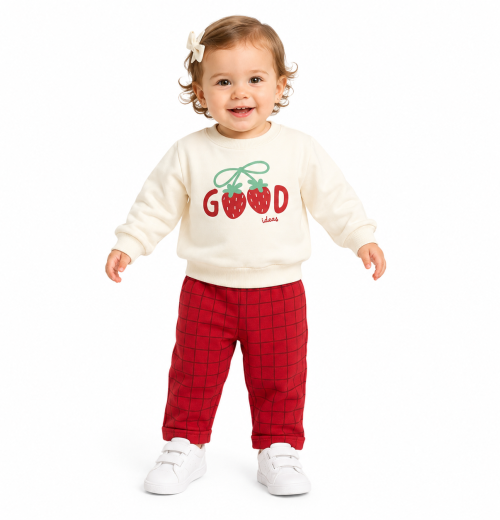 Baby Girls 2pc ‘GOOD’ Strawberry Top & Check Bottoms Set (9-24M)