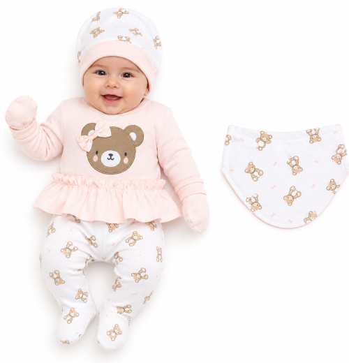 Baby Girls 5pc Teddy Set with Bib, Mittens & Hat (0-3m)