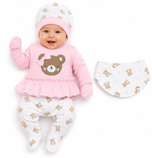 Baby Girls 5pc Teddy Set with Bib, Mittens & Hat (0-3m)