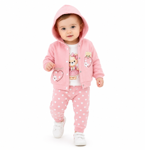 Baby Girls 3pc Teddy Top & Heart Bottoms Set (3-12m)