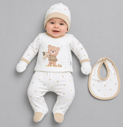 Baby Boys 5pc Teddy Paw Set with Bib, Mittens & Hat (0-3m)