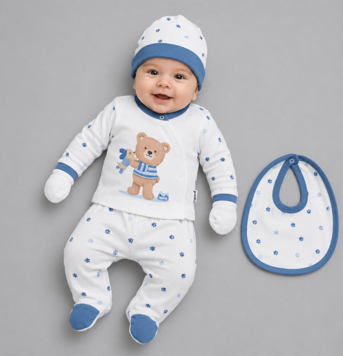 Baby Boys 5pc Teddy Paw Set with Bib, Mittens & Hat (0-3m)