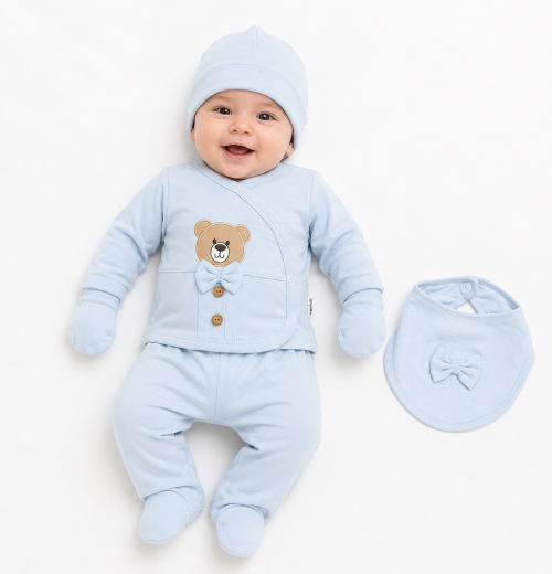 Baby Boys 5pc Teddy Set with Bib, Mittens & Hat (0-3m)