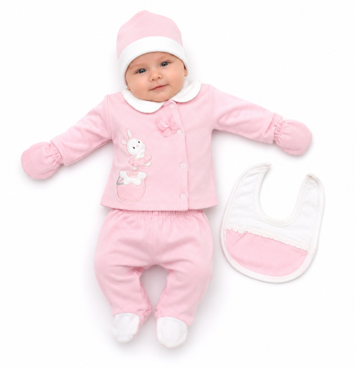 Baby Girls 5pc Bunny Set with Bib, Mittens & Hat (0-3m)