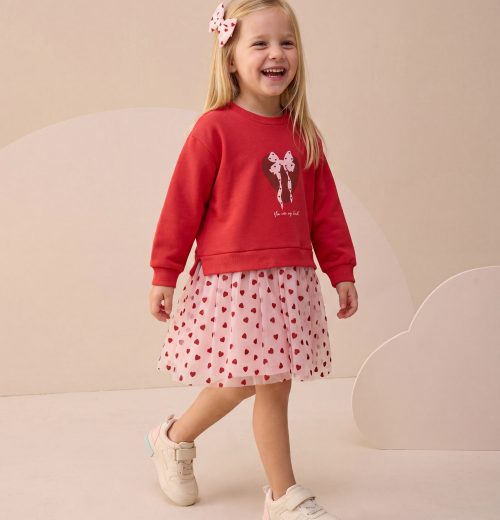 Girls Full Sleeve Bow & Heart Print Dress (4-7y)